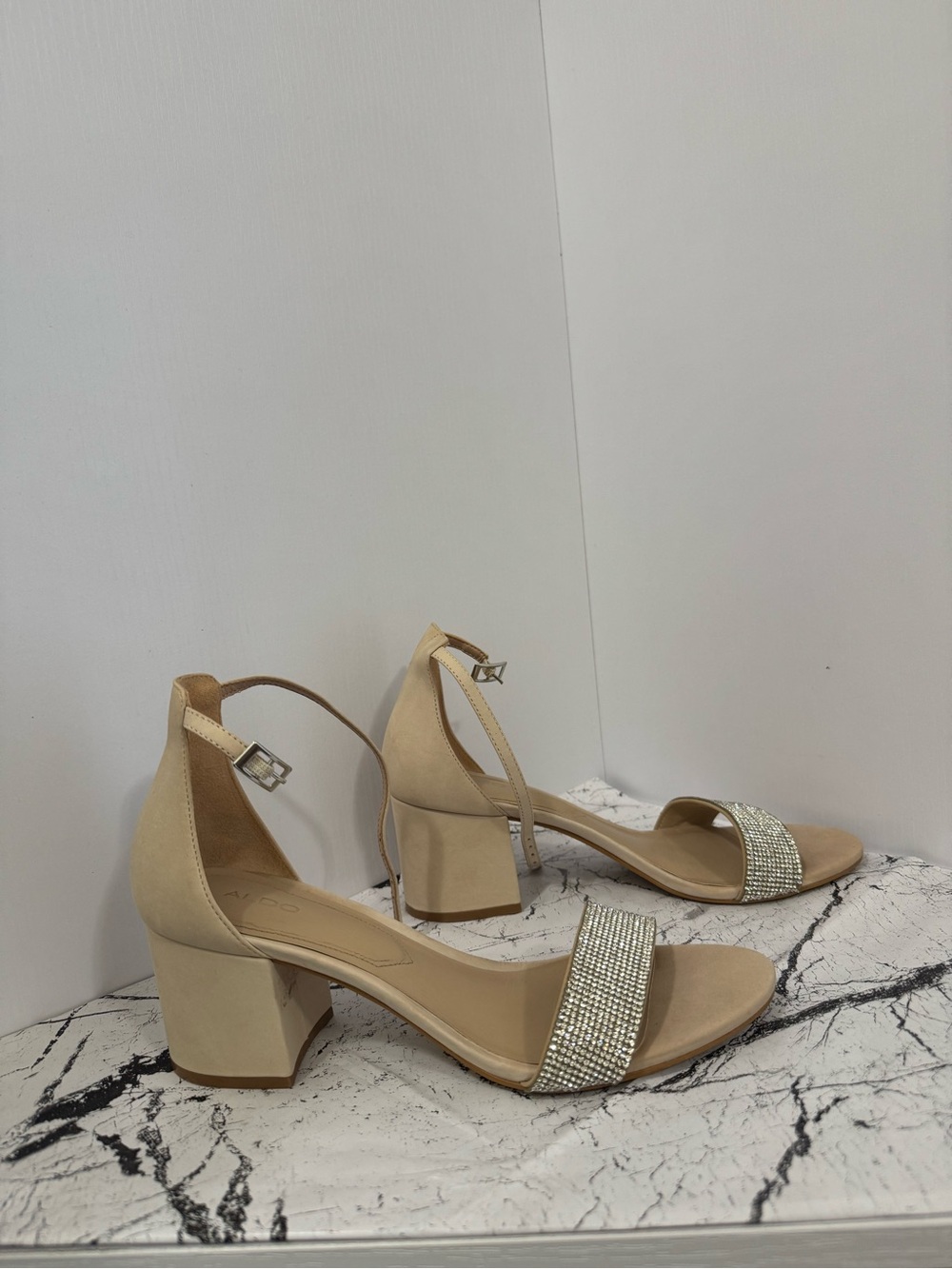 Aldo Nude Suede Crystal Strap Block Heel Sandals 8.5